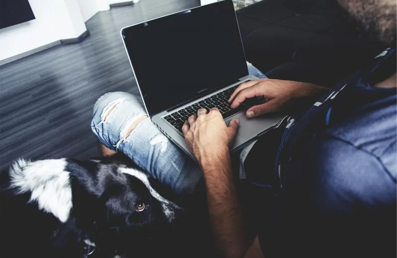 Persona con una laptop sobre las piernas y un perro al lado