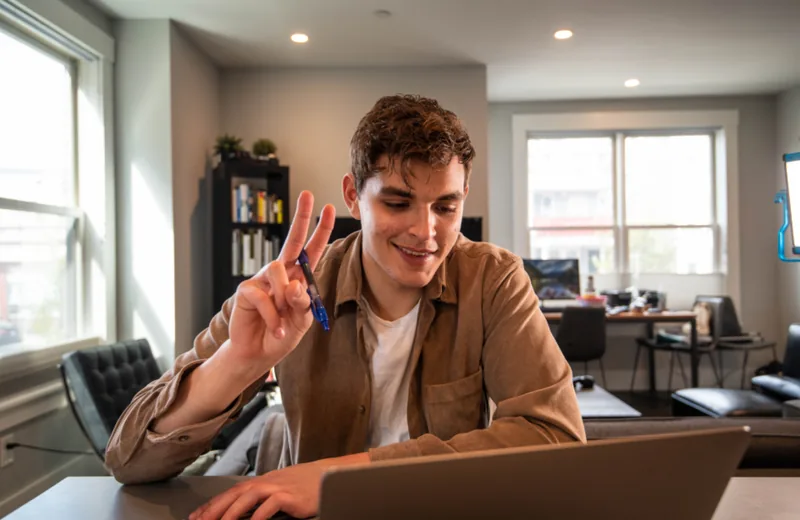 Persona trabajando con una laptop en casa