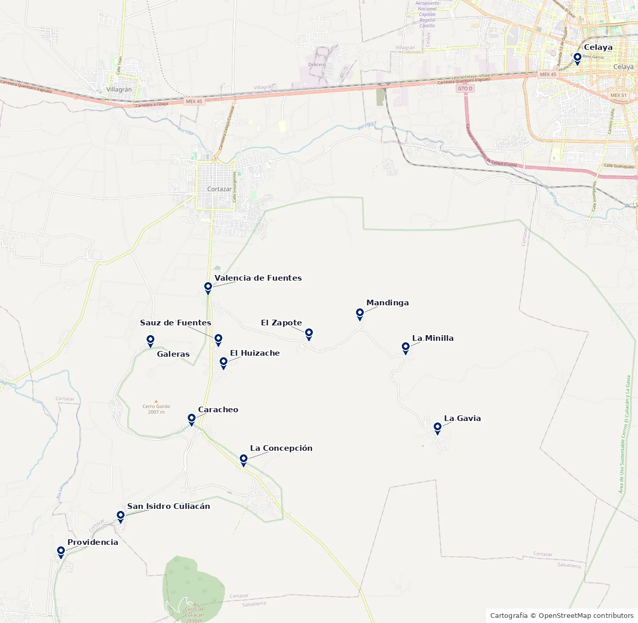 Mapa de los municipios de Cortazar, Celaya y Jaral del Progreso, en Guanajuato, con un pin en cada una de las 13 localidades donde Conexión Inteligente tiene cobertura autorizada.